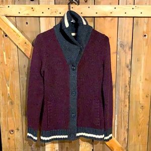 Burgundy/gray button up cardigan with side pockets